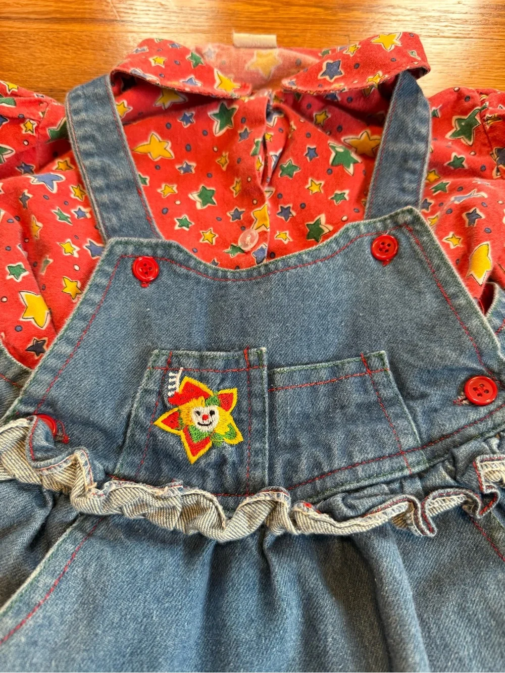 Vintage 90s Clown Denim Overalls Dress, Two Piece Stars Shirt Skirt (Youth 4)